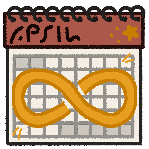 a drawing of a calendar with a large gold infinity symbol symbol in the centre. It has a red coloured heading section with gibberish text.